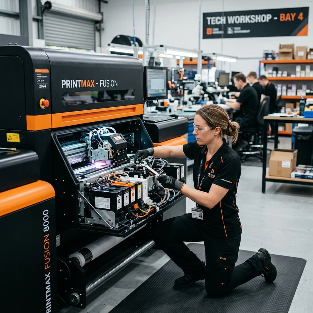 Technician servicing a large format printing machine